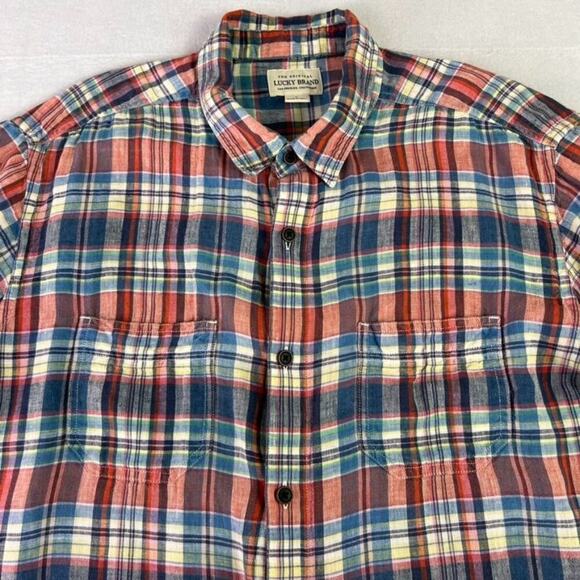 Lucky Brand Shirt Men's Size Large Red Blue Linen Plaid Short Sleeve Button Down - Picture 10 of 11